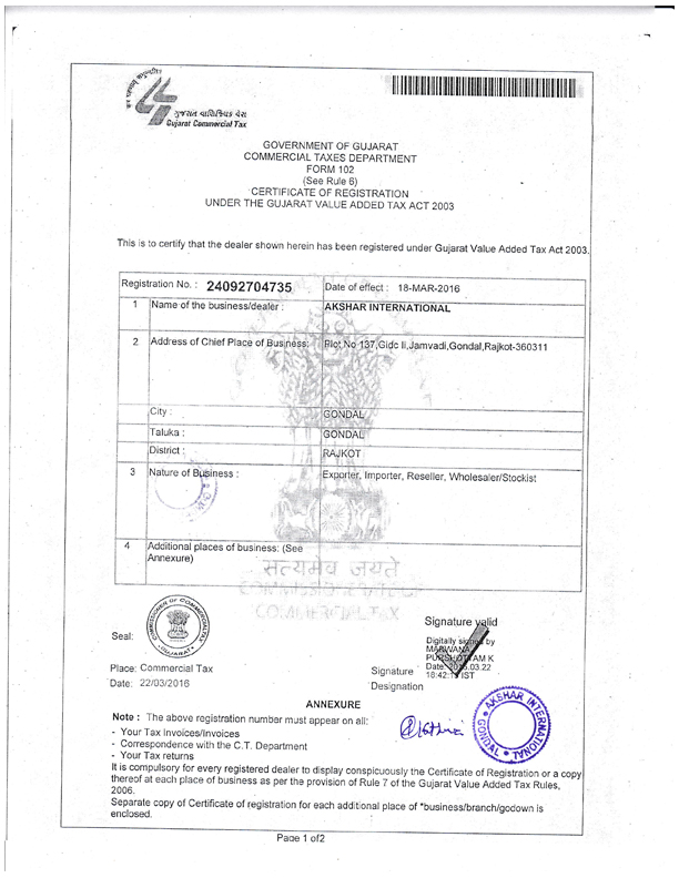 Akshar International Pvt. Ltd. - Our Certificates